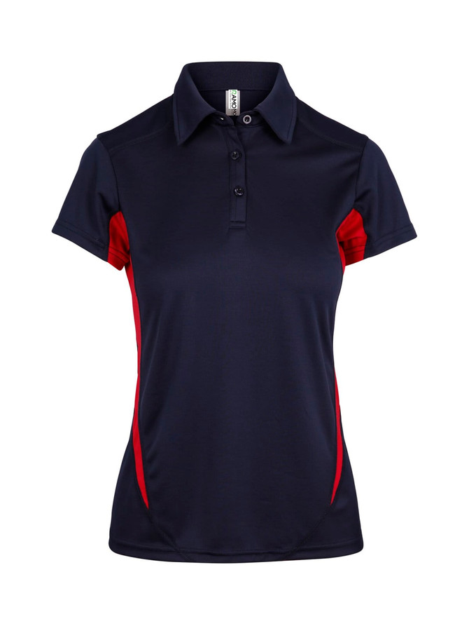 A women's polo shirt featuring a navy body with red accents and a collar, designed in a fitted style. A women's polo shirt featuring a navy body with red accents and a collar, designed in a fitted style.