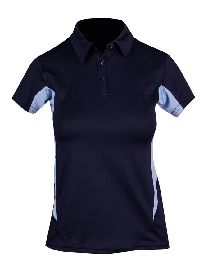 A women's polyester polo shirt in navy with light blue accents and a branded logo. A women's polyester polo shirt in navy with light blue accents and a branded logo.