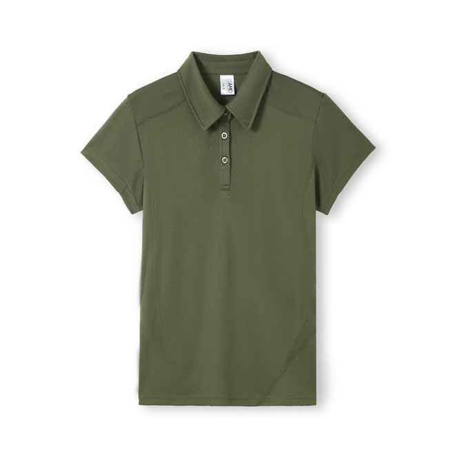 A green women's polo shirt with short sleeves, a collar, and a branded label. A green women's polo shirt with short sleeves, a collar, and a branded label.