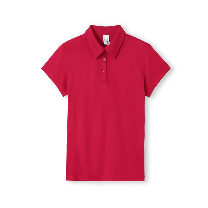 A women's short-sleeve polo shirt in bright red, featuring a collar and buttons, with a logo.