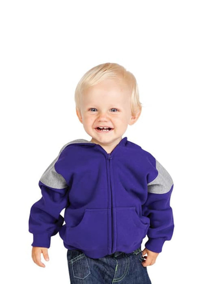 A purple kids' hoodie featuring grey contrast panels and a zipper, displayed on a smiling child. A purple kids' hoodie featuring grey contrast panels and a zipper, displayed on a smiling child.