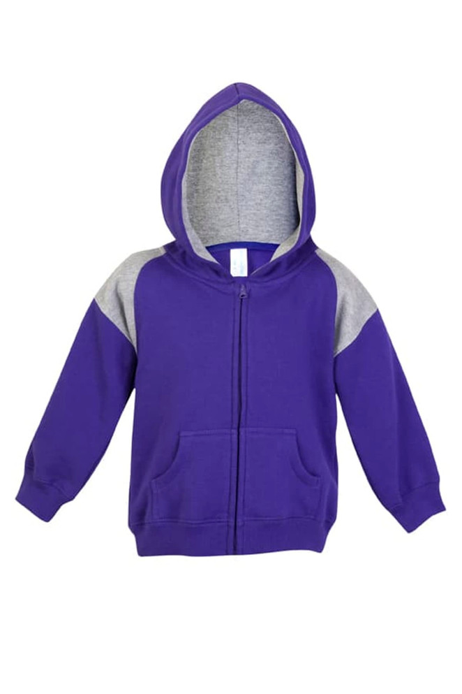 A purple hoodie with grey contrast panels and a zipper, featuring a hood and front pockets.