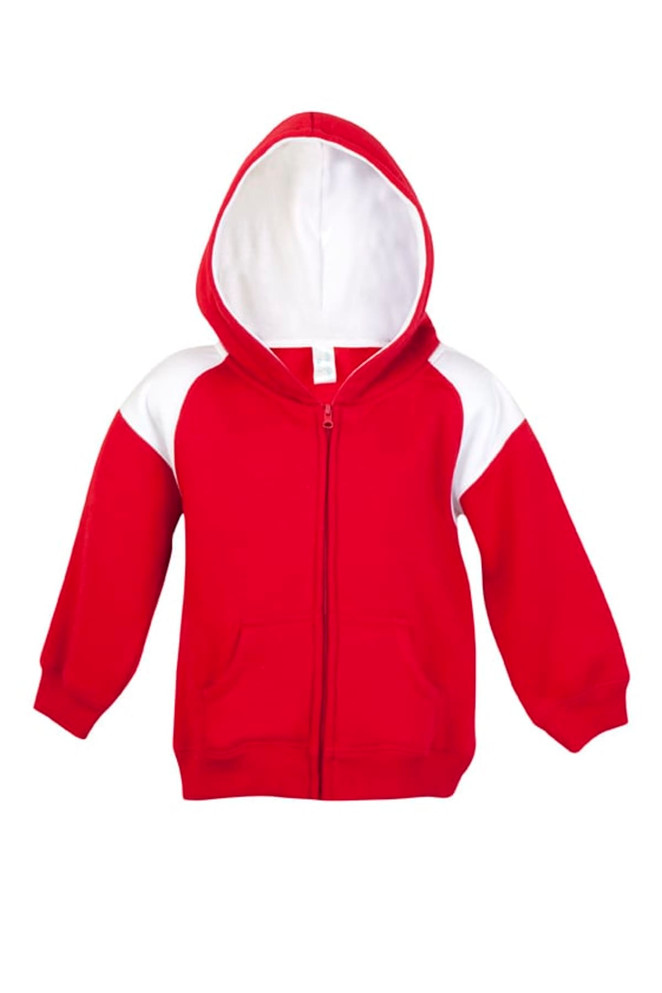 A red hoodie with a white contrast panel, featuring a front zipper and pockets. It has a hood for added warmth. A red hoodie with a white contrast panel, featuring a front zipper and pockets. It has a hood for added warmth.