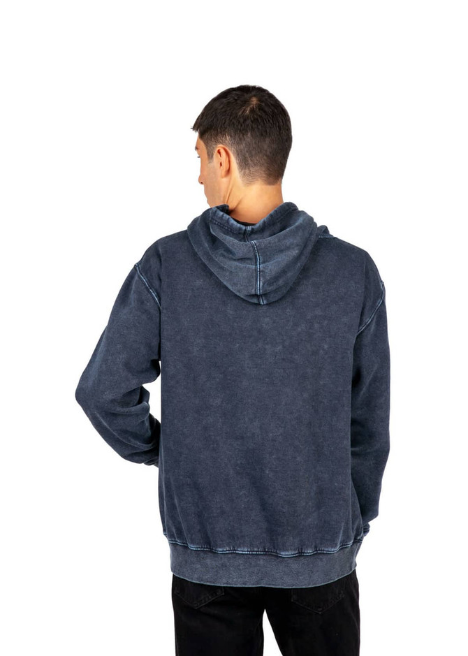 A men's stone wash fleece hoodie in a dark blue hue, featuring a hood and a relaxed fit, with a logo on the front.