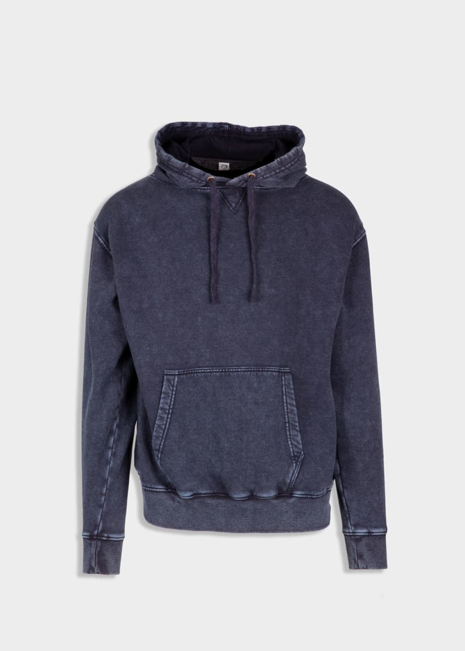A men's stone wash fleece hoodie in dark navy, featuring a front pocket and a logo on the design. A men's stone wash fleece hoodie in dark navy, featuring a front pocket and a logo on the design.