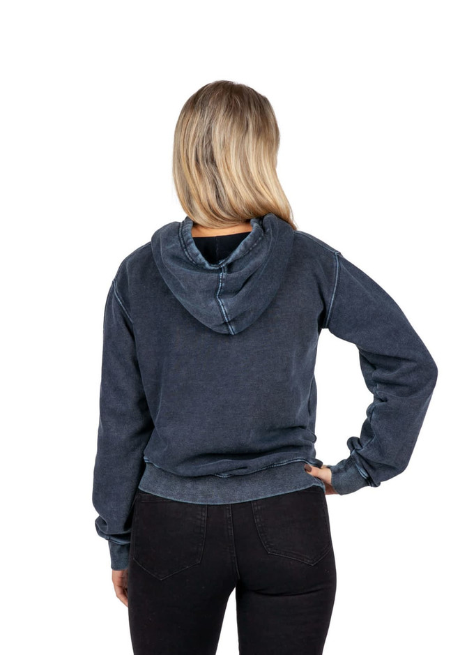 A women's stone wash fleece hoodie in dark blue, featuring a hood and a casual fit. The model is shown from the back.