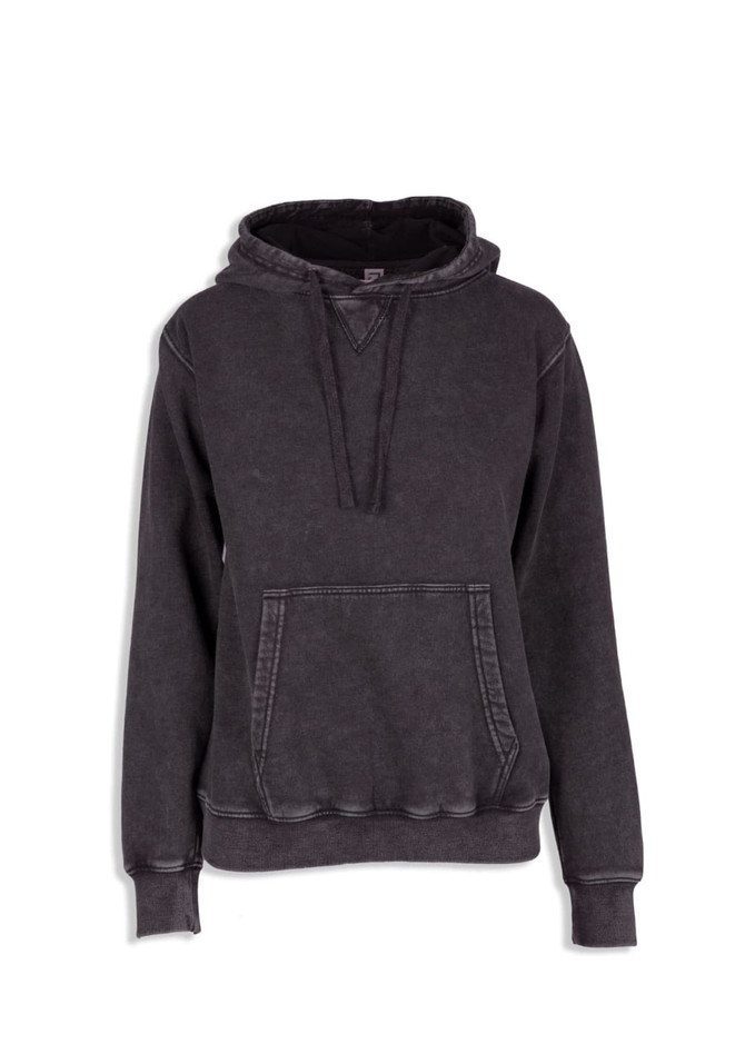 A women's junior stone wash fleece hoodie in a dark grey colour with a front pocket and a hood.