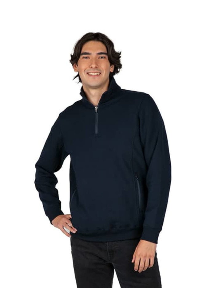 A navy half zip fleece jumper for men, featuring a stand-up collar and side pockets. It has a logo on it. A navy half zip fleece jumper for men, featuring a stand-up collar and side pockets. It has a logo on it.