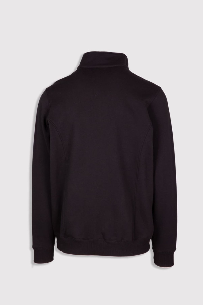 A black half zip fleece jumper with a high collar and elasticated cuffs, featuring a logo.