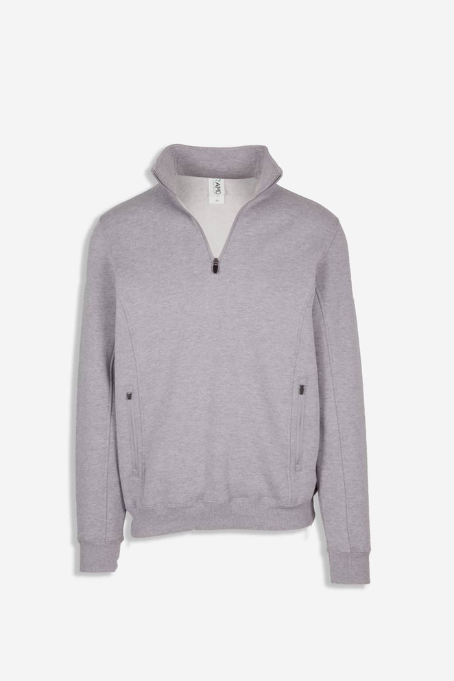 A men's half zip fleece jumper in grey, featuring a collar and side zip pockets, with a logo present. A men's half zip fleece jumper in grey, featuring a collar and side zip pockets, with a logo present.