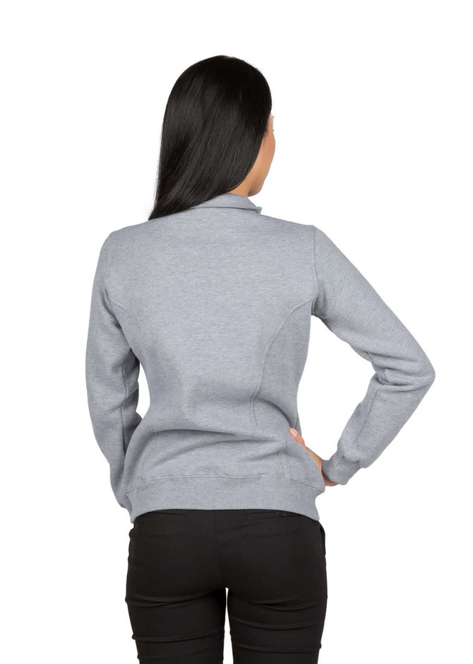 A grey women's half zip fleece jumper with long sleeves and a fitted design, featuring a logo on the back.