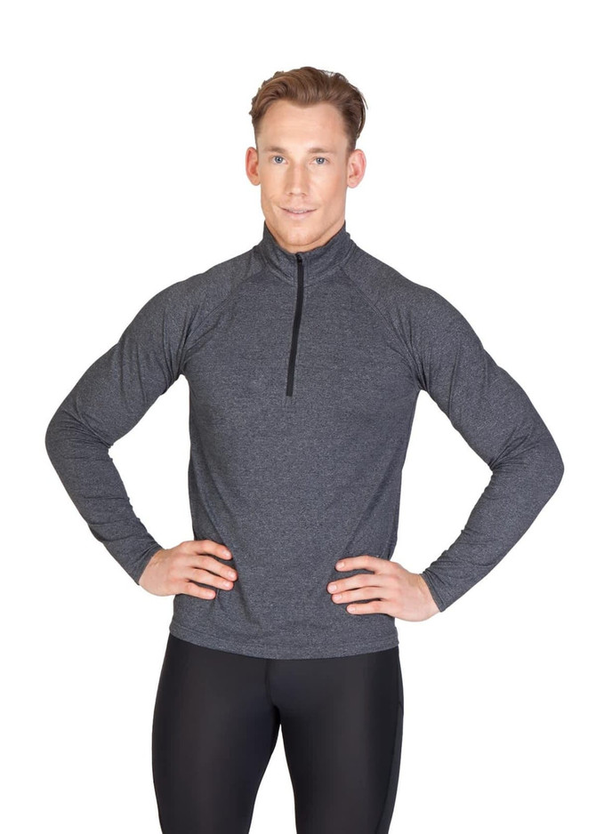 A grey half zip mock neck jumper with long sleeves, featuring a logo on the chest. A grey half zip mock neck jumper with long sleeves, featuring a logo on the chest.
