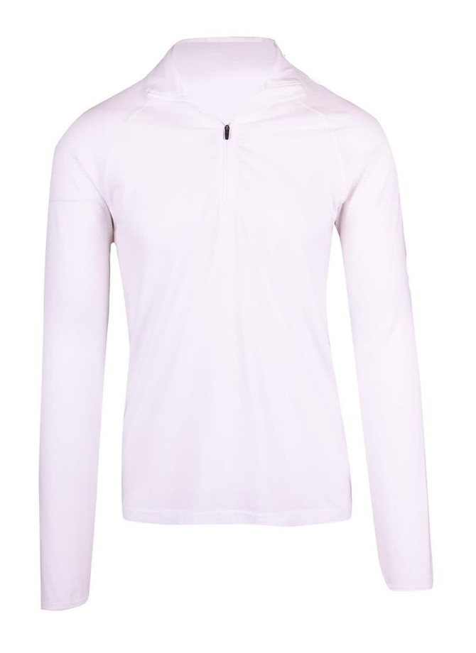 A white half zip mock neck jumper with long sleeves and a logo on the sleeve.