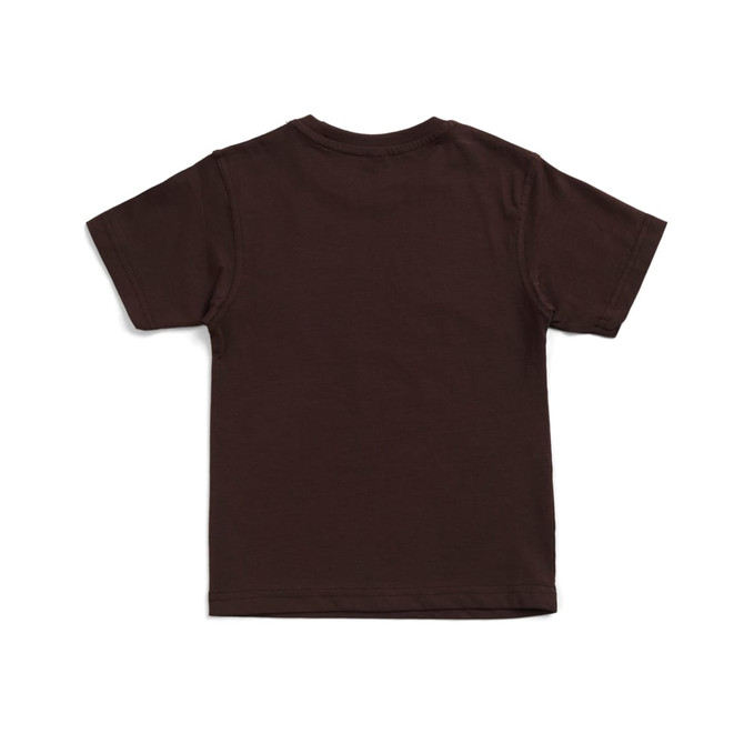 A brown kid's regular T-shirt displayed from the back, featuring a simple design and no visible logos.