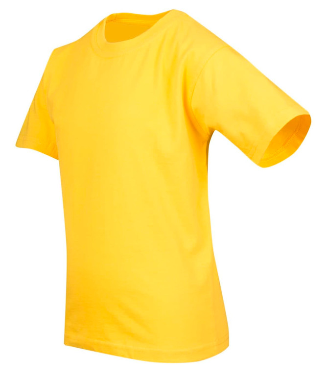 A yellow kid's regular T-shirt with short sleeves, featuring a simple design and a logo. A yellow kid's regular T-shirt with short sleeves, featuring a simple design and a logo.