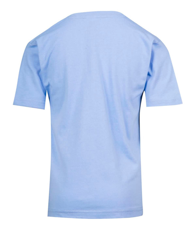 A light blue children's regular T-shirt with short sleeves and a plain back. It features a logo on the upper back. A light blue children's regular T-shirt with short sleeves and a plain back. It features a logo on the upper back.