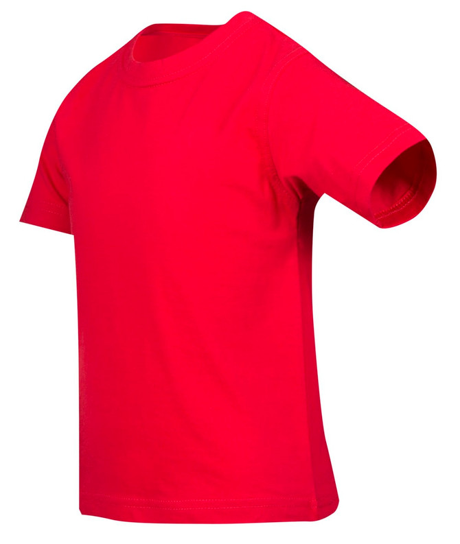 A red kid's regular T-shirt with short sleeves and a round neckline, featuring a logo.