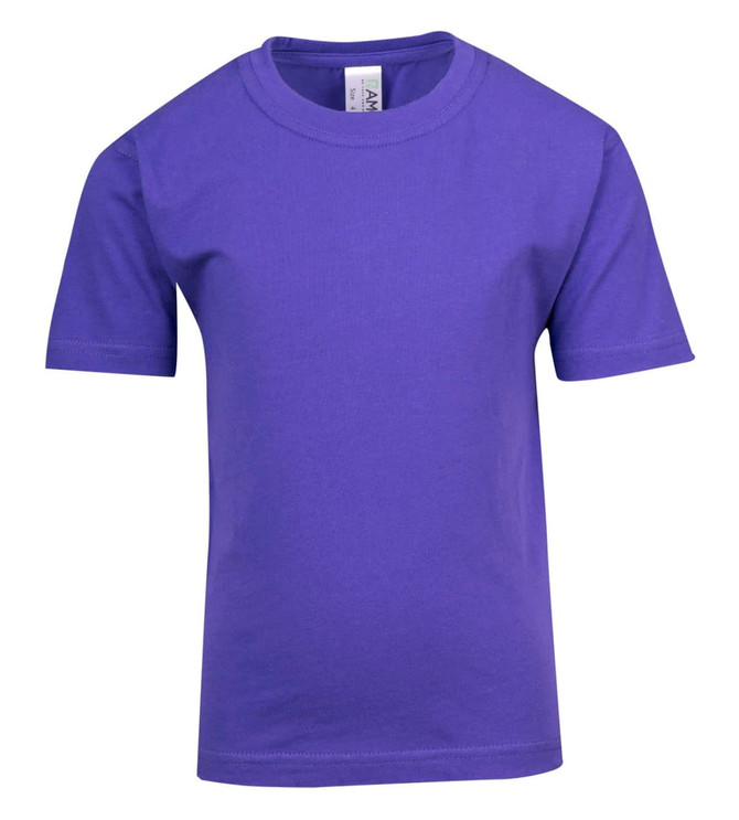 A purple kid's regular T-shirt with short sleeves and a simple design. Includes a brand logo on the label. A purple kid's regular T-shirt with short sleeves and a simple design. Includes a brand logo on the label.