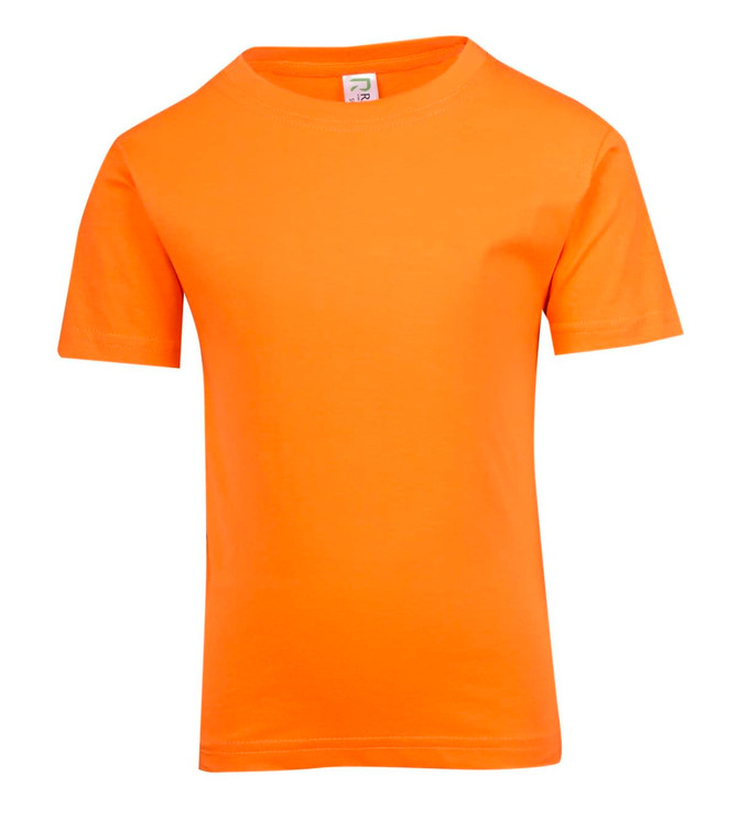 An orange kid's regular T-shirt with short sleeves and a round neckline. It features a label inside.
