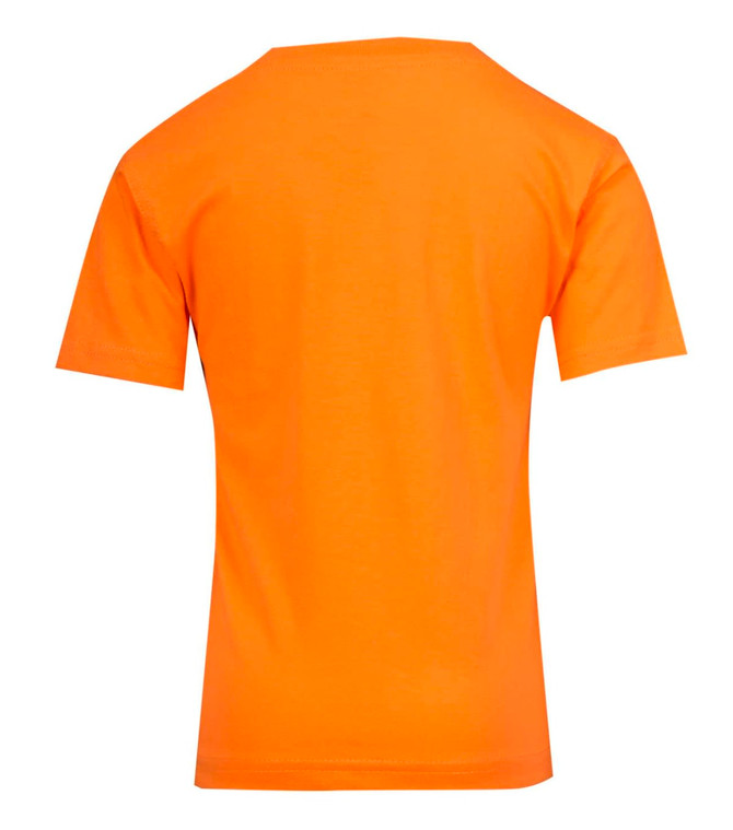 An orange regular T-shirt for kids, featuring a simple design and a plain back. It has a logo on the label.