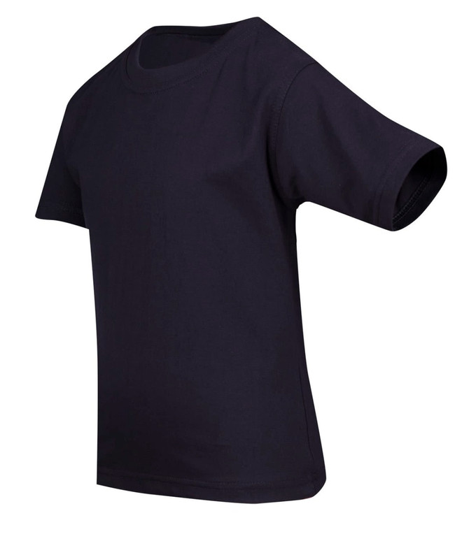 A black kid's regular T-shirt with short sleeves and a round neckline. It features a logo on the side.