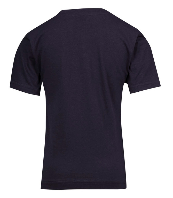 A back view of a navy blue kid's regular T-shirt with short sleeves and a plain design, featuring a logo.