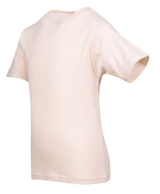 A kid's regular T-shirt in a plain beige colour, featuring a short sleeve design and a blank front. A kid's regular T-shirt in a plain beige colour, featuring a short sleeve design and a blank front.