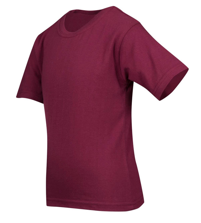 A burgundy regular T-shirt with short sleeves, featuring a fitted design and no visible logos.
