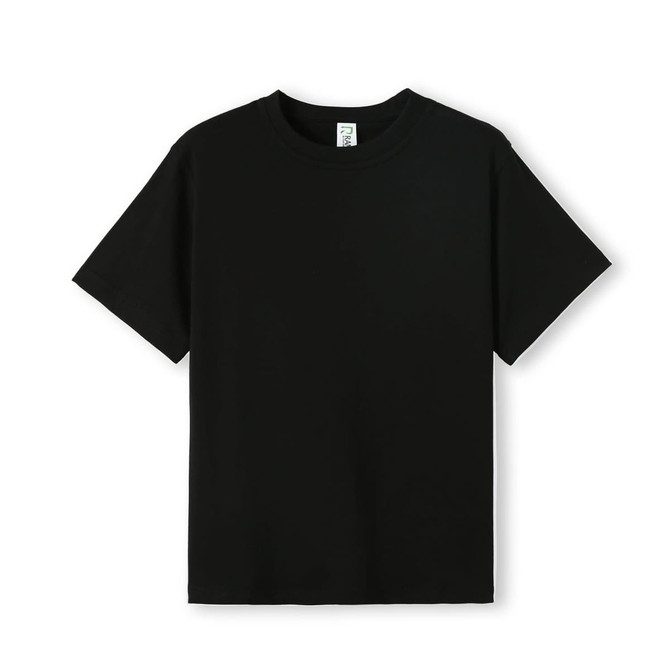A black regular-fit kid's T-shirt with short sleeves and a tag. It features a logo on the inside.