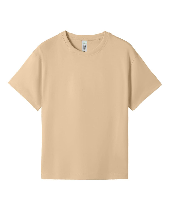 A beige regular T-shirt for kids with a simple design and a logo label on the inner neck.