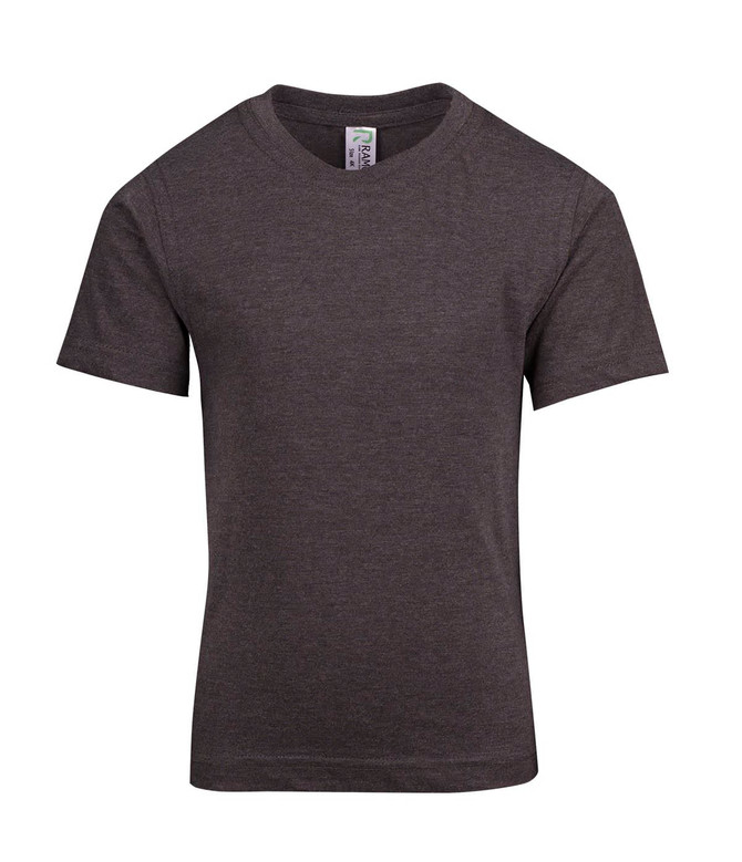 A dark grey kid's regular T-shirt with short sleeves and a classic round neckline. It features a label inside.