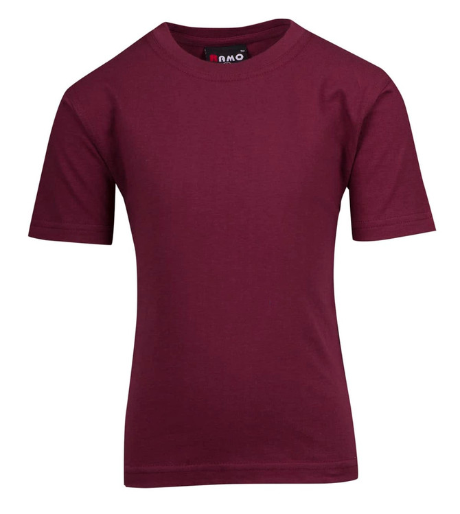 A burgundy kid's regular T-shirt with short sleeves and a round neckline, featuring a branded label.