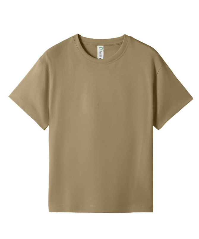 A khaki kid's regular T-shirt with short sleeves and a label inside. It has a simple design and no visible branding.