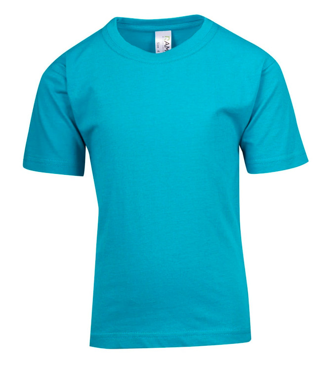 A plain turquoise kid's regular T-shirt with short sleeves and a label inside. A plain turquoise kid's regular T-shirt with short sleeves and a label inside.