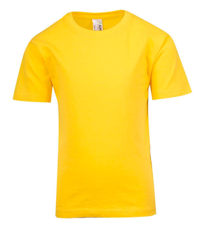 A yellow kid's regular T-shirt with short sleeves and a simple design, featuring a logo on the label.