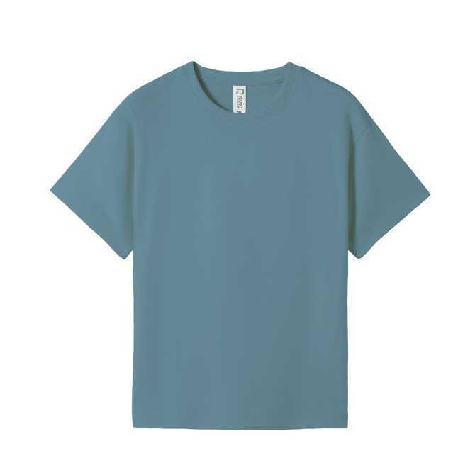 A blue kid's regular T-shirt with short sleeves, featuring a tag inside.