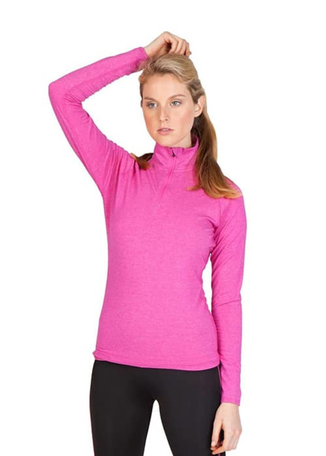 A pink half zip mock neck shirt for women, featuring long sleeves and a fitted design. It has a logo. A pink half zip mock neck shirt for women, featuring long sleeves and a fitted design. It has a logo.