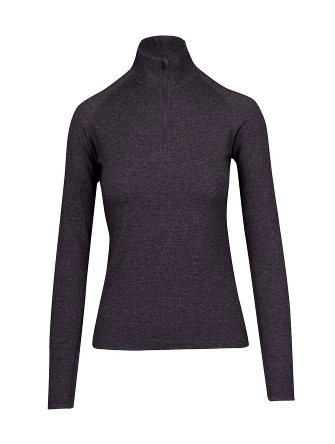 A long-sleeved, dark grey half-zip mock neck shirt with a fitted design and a small logo. A long-sleeved, dark grey half-zip mock neck shirt with a fitted design and a small logo.