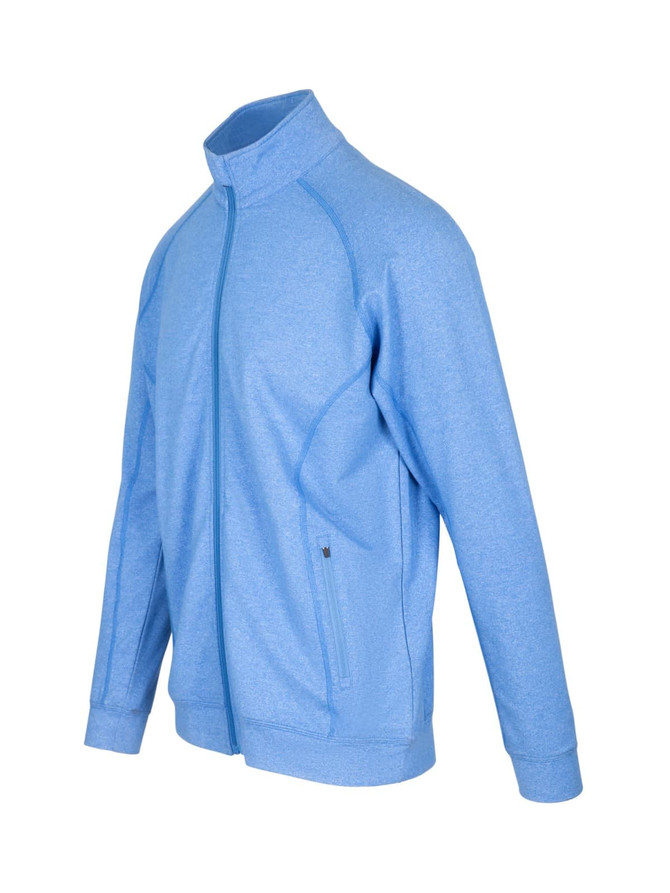 A light blue jacket with a zip front and side pockets. It features a logo on one side.