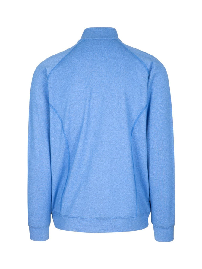 A blue heather jacket with long sleeves and a high collar, featuring a logo on the back. A blue heather jacket with long sleeves and a high collar, featuring a logo on the back.