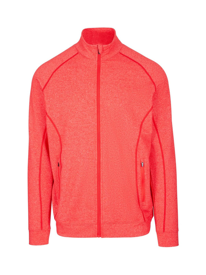 A bright coral heather jacket with a front zipper and side pockets, featuring a logo. A bright coral heather jacket with a front zipper and side pockets, featuring a logo.