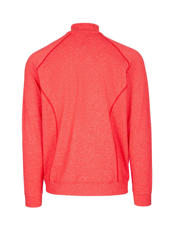 A red heather jacket featuring a high collar and raglan sleeves, with a logo on the back. A red heather jacket featuring a high collar and raglan sleeves, with a logo on the back.