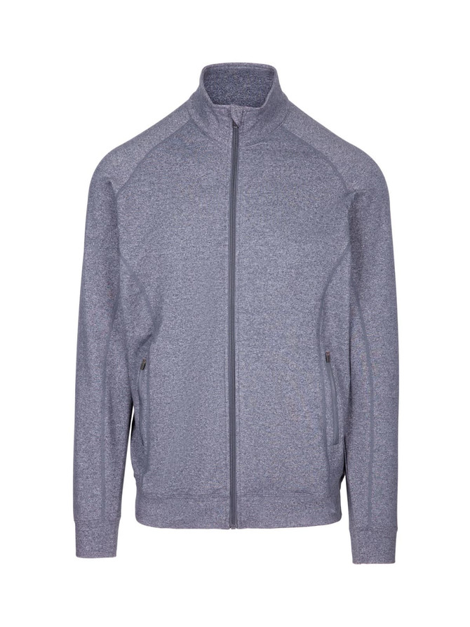 A grey heather jacket featuring a zip closure and side pockets. It has a logo on the front. A grey heather jacket featuring a zip closure and side pockets. It has a logo on the front.