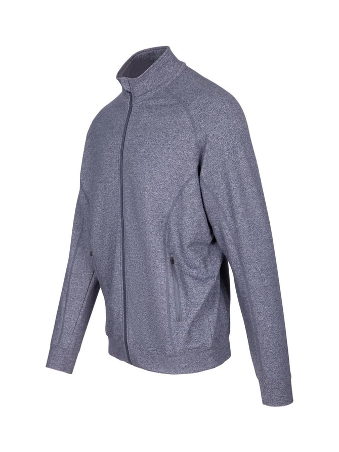 A grey heather jacket with a zip front and side pockets, featuring a logo on the chest. A grey heather jacket with a zip front and side pockets, featuring a logo on the chest.