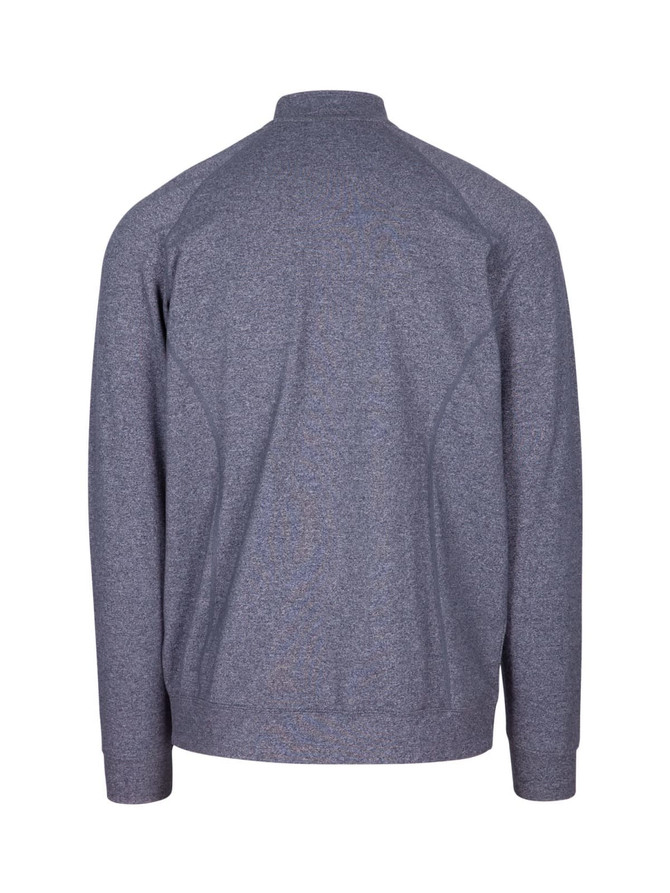 A heather grey jacket with a high collar and long sleeves, featuring a logo on the back. A heather grey jacket with a high collar and long sleeves, featuring a logo on the back.