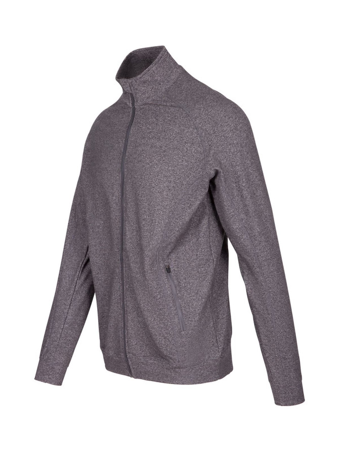 A grey heather jacket with a high collar and zip front, featuring side pockets and a logo on the chest.