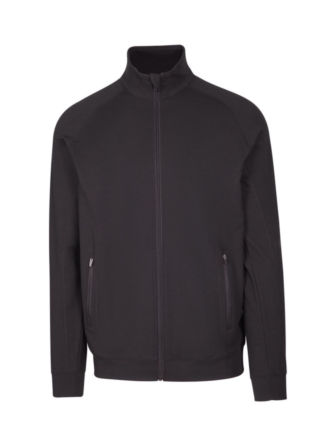 A black zip-up jacket with two front pockets and a high collar, featuring a logo on the chest. A black zip-up jacket with two front pockets and a high collar, featuring a logo on the chest.