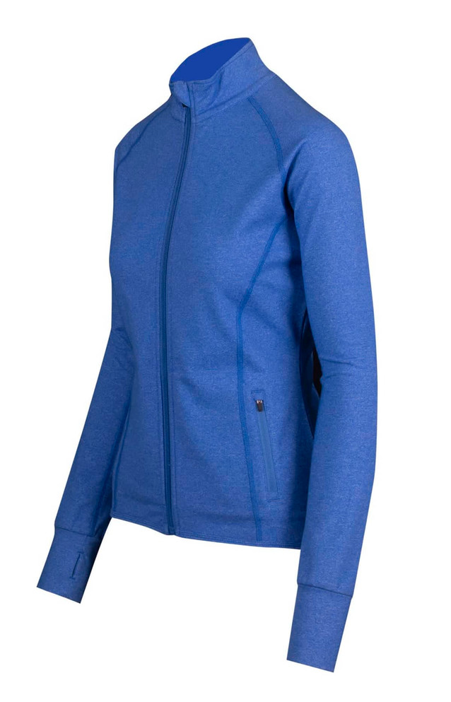 A blue heather jacket with a zip closure, long sleeves, and side pockets, featuring a logo on the chest. A blue heather jacket with a zip closure, long sleeves, and side pockets, featuring a logo on the chest.