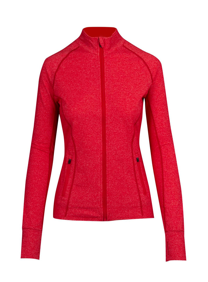 A red women's jacket with a zip front and long sleeves, featuring a logo on the side.