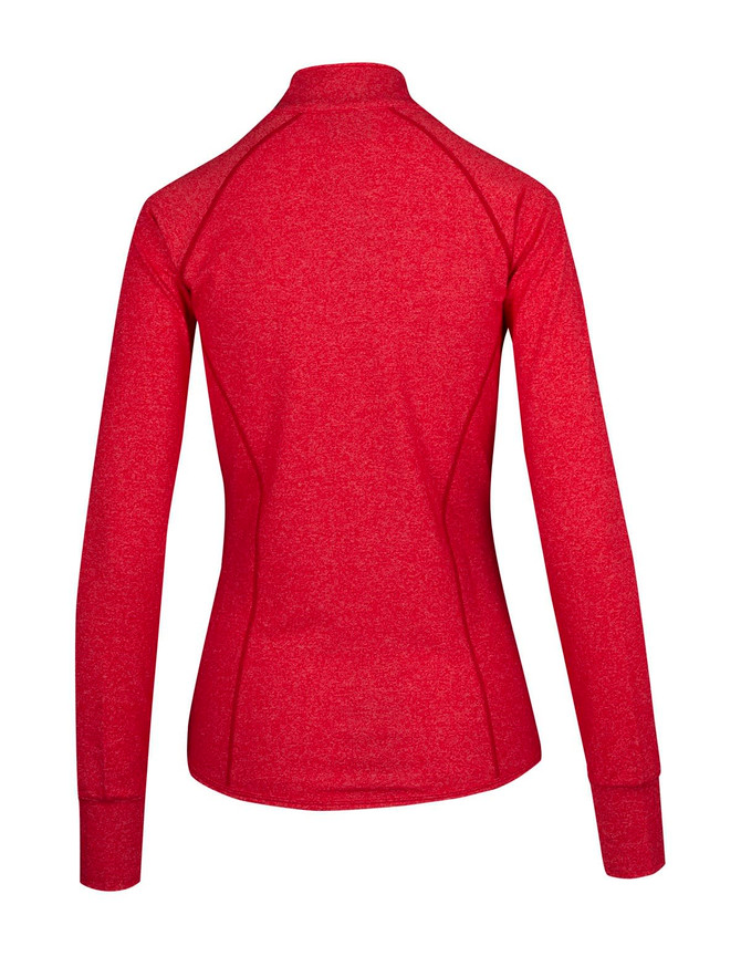 A heathered red women's jacket with long sleeves and a high collar, featuring a logo on the back. A heathered red women's jacket with long sleeves and a high collar, featuring a logo on the back.